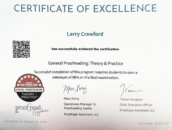 General Proofreading Certification issused to Larry Crawford, CC&S Enterprises